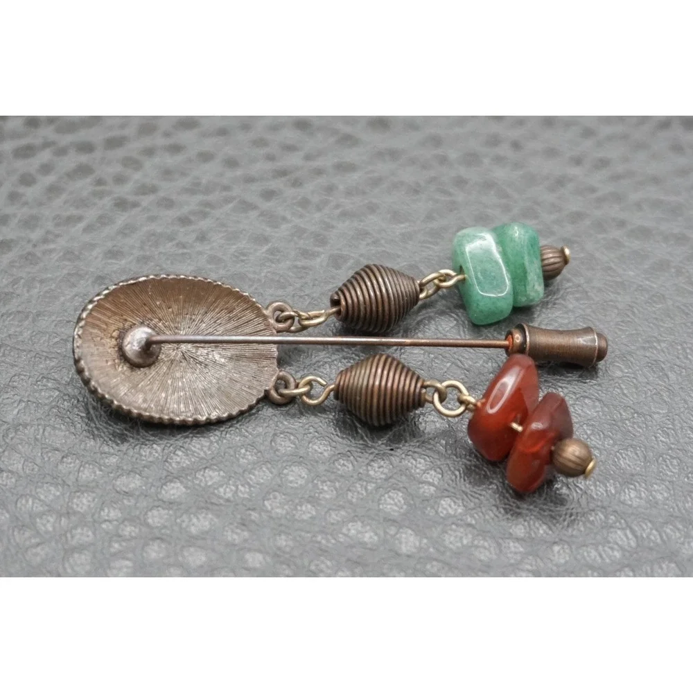 Vintage Faux Carnelian Faux Jade Copper Tone Stick Pin With Dangle Glass Beads